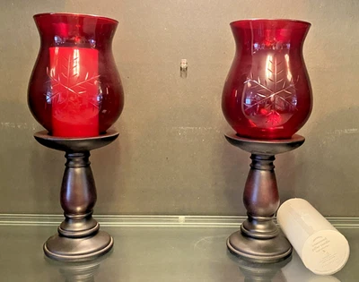 2 Candelabros Huracán de Vidrio Grabado Rojo Soportes de Pedestal con Batería Vela Foto 1 de 4