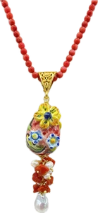 ??Collana in Pasta di Corallo con Ciondolo Floreale in Ceramica Dipinta a Man... - Foto 1 di 1