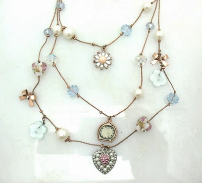 BETSEY JOHNSON Rhinestone Clock Necklace Triple Strand Flowers Bows - Image 1 of 4
