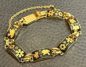 Vintage Damaszener Panel Armband 7,25" goldfarben Vogel & Blumen-Inlay Box Verschluss - Bild 1 von 10