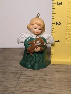 Collectible GOEBEL Angel Bell Annual Christmas Ornament 1991, green w/bear Signe - Picture 1 of 9