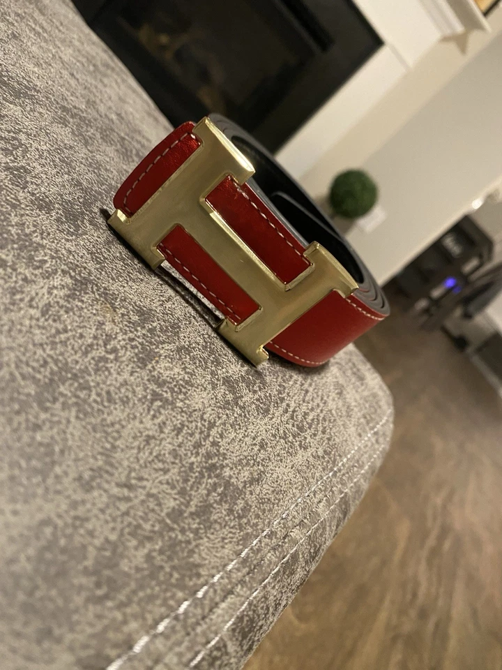 Cinturón de cuero reversible Hermes rojo y negro hebilla dorada para hombre cintura talla 34-38 Foto 1 de 4