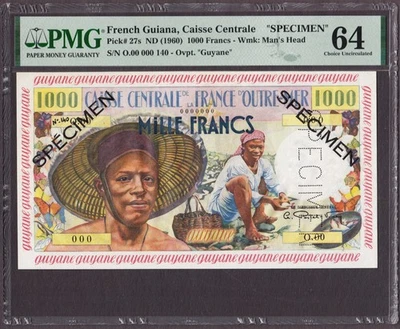 French Guiana 1000 Francs ND (1960) SPECIMEN Pick-27s CH UNC PMG 64 - Image 1 of 2