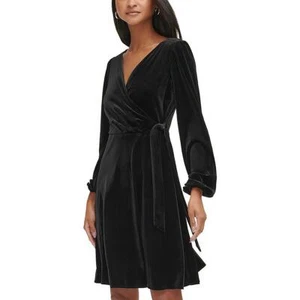 Karl Lagerfeld Paris Womens Black Faux-Wrap Fit & Flare Dress 10 BHFO 5016 - Picture 1 of 1