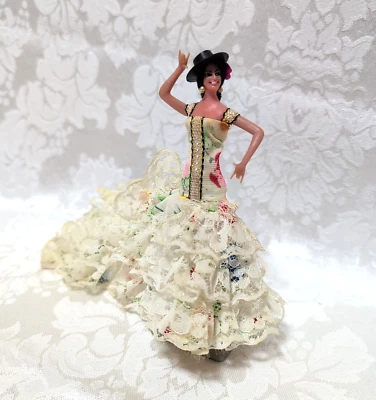 Vtg Spanish Marin Chiclana Flamenco Dancer Doll 5” Floral Dress on Stand - Image 1 of 4
