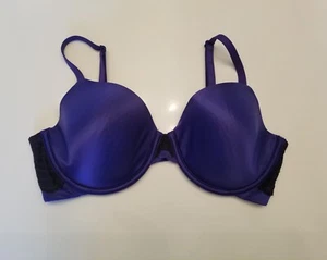 Maidenform Bra Large Demi Underwire Satin Molded Cups Adjustable Blue Black Lace - Picture 1 of 10