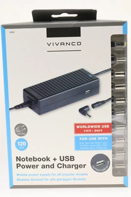 Vivanco Universal Ladegerät Notebook 120W 19V Netzteil Ladekabel USB Laptop 338 - Bild 1 von 2
