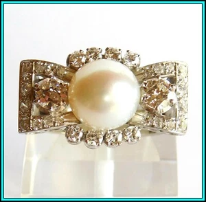 1950's Vintage Platinum 2.22 ctw Diamonds & 10.80mm Silver Pearl ART DECO RING - Imagen 1 de 12