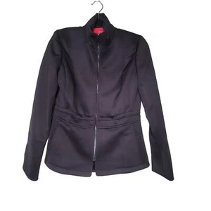 Womens Black Scuba Jacket Full Zip Pocket Mock Neck Casual Neutral Stretch ETC 2 - Picture 1 of 5