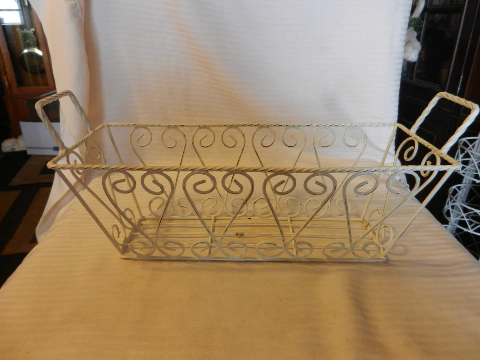 Decorative White Metal Rectangular Basket With Handles, Wire Design - Image 1 of 4