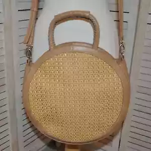 Sole Society Womens Crossbody Faux Leather & Rattan Round Purse Long/Short Handl - Picture 1 of 10