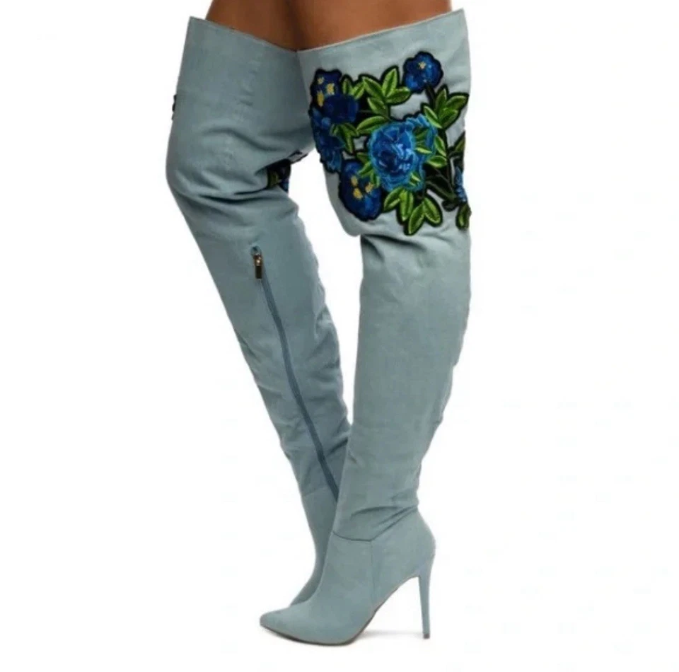 Anne Michelle Dedicate-14M floral thigh-high boots embroidered denim upper - Image 1 of 1
