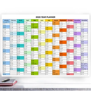 2026 GANZJAHRESKALENDER WANDPLANER HOME OFFICE ARBEIT BUNT KALENDER A5-A3 - Bild 1 von 6