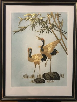 Arte vintage de paja de trigo de Asia oriental enmarcado sobre seda ~ grúas Foto 1 de 2