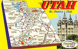 Postcard UT: Utah the Beehive State, Map, 1960's, Unposted - Picture 1 of 2