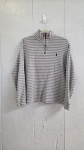 Polo Ralph Lauren Mens Medium 1/4 Zip Sweater Grey White Stripe Embroidered Logo - Picture 1 of 11