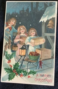 Beautiful 1907 Christmas embossed Postcard children Vintage pull horse toy - Picture 1 of 2