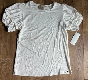 Top donna Elie Tahari bianco misto viscosa manica corta nuovo taglia S - Foto 1 di 2