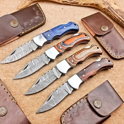 LOTE DE 4 PIEZAS! Cuchillos de bolsillo Damasco hechos a mano - Cuchillos plegables, con funda IT-2171 Foto 1 de 4