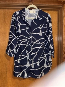 CHICO'S Blue & White Tassel Print Button Down Shirt Blouse NON-IRON Size 3 - Picture 1 of 7
