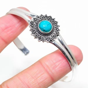 Blue Turquoise Gemstone 925 Sterling Silver Jewelry Cuff Bracelet Adjustable - Picture 1 of 1