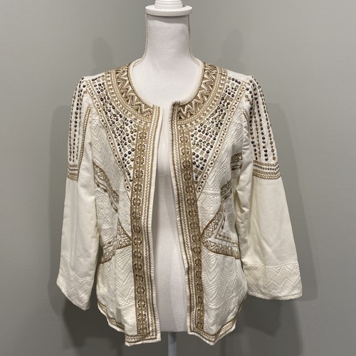 OFF WHITE Giacca Chicos impreziosita taglia 1 beige marrone bianco sporco perline gioiello pizzo