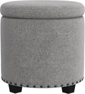 Home Decor | Upholstered round Storage Ottoman with Nailheads| Ottoman with Stor - Picture 1 of 10