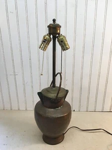 Vtg Antique Copper Water Milk Pail Two Spouts Double Chain Table Lamp Light - Picture 1 of 12