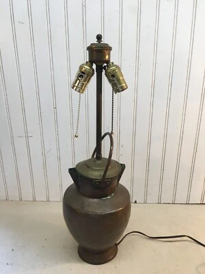Vtg Antique Copper Water Milk Pail Two Spouts Double Chain Table Lamp Light - Image 1 of 4