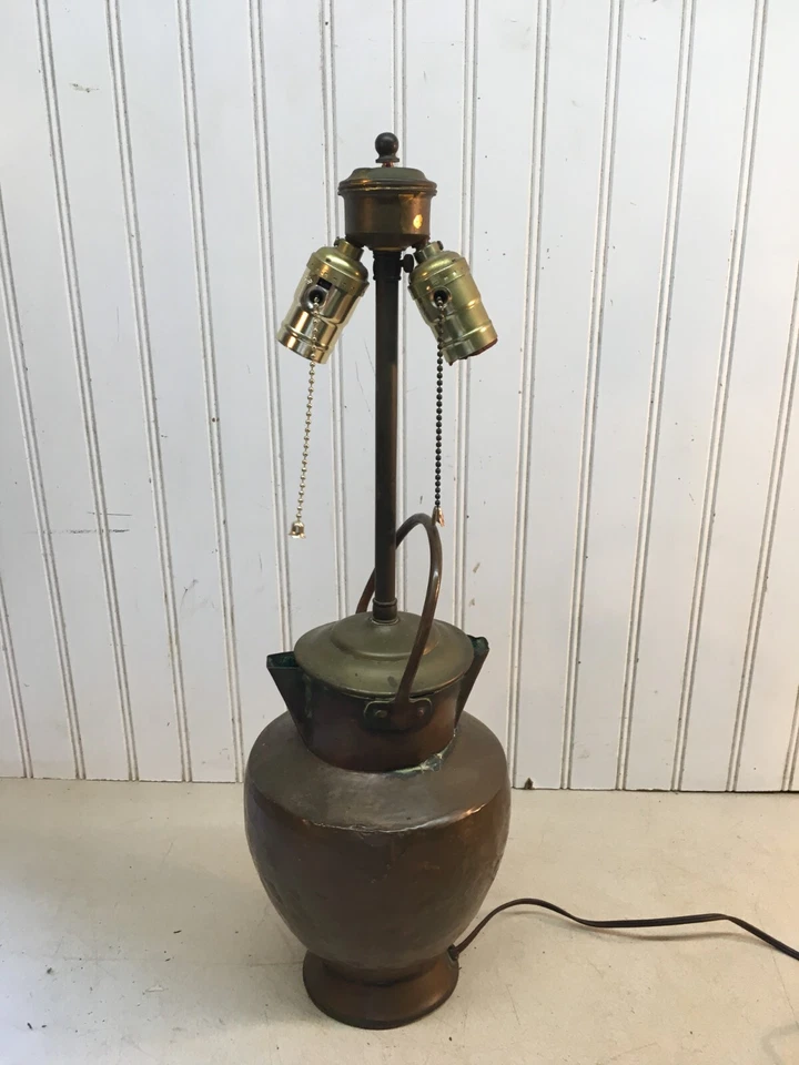 Vtg Antique Copper Water Milk Pail Two Spouts Double Chain Table Lamp Light - Image 1 of 4