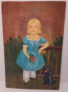 Blond Girl Black & Spaniel Dog Portrait Wood Artist Signed Ibbie Painting 17" - Picture 1 of 14