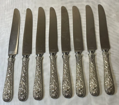 8 Sterling Silver S KIRK & SON CO 9" Knives full REPOUSSE Rose Cover