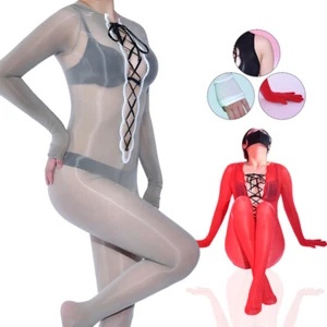 Womens Lady Glossy See Through Pantyhose Jumpsuit Lace Up Body Stockings Sexy - Picture 1 of 21