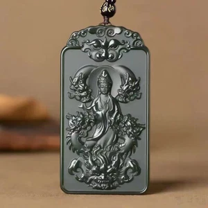 True Hetian Jade Pendant Certificate Jade Carved Guanyin Buddha Dragon Pendant - Picture 1 of 2
