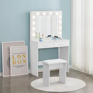 BZ-FURNITURE White Dressing Table Makeup Desk With LED Mirror Stool 2 Drawers Bedroom Modern
