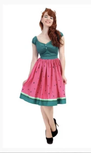 Collectif Mainline Jasmine Watermelon Swing Skirt Pink/Green UK8 - Picture 1 of 3