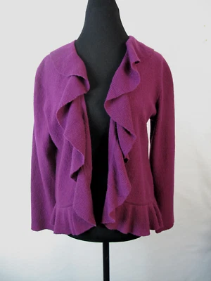 Cárdigan Suéter Halógeno Tostado Tejido Volantes Lana Merino Talla XL Púrpura Frente Abierto Foto 1 de 4