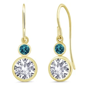 2.26 Ct Round White Created Sapphire London Blue Topaz 14K Yellow Gold Earrings - Picture 1 of 3