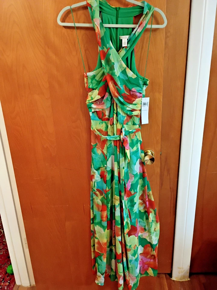 Vestido maxi London Times floral gola redonda chiffon verde multicolorido tamanho 16 novo com etiquetas - Imagem 1 de 4