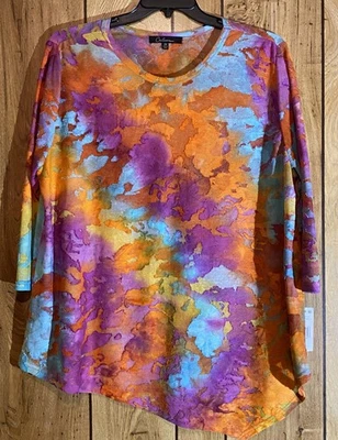NWT CALESSA 2X Orange Multi Tie Dye Burnout  Asymmetrical Hem Tunic - Image 1 of 4