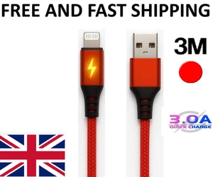 3M Red LED USB Charging Cable for iPhone – Fast Charger Braided Durable Cord - Picture 1 of 5