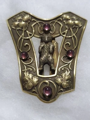 Fivela de cinto antiga BEAR GRIZZLY TEDDY faixa vidro roxo vitoriano Art Nouveau - Imagem 1 de 4
