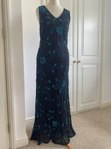 Jacques Vert Sz12 Black Blue Beaded Chiffon Long Maxi Evening Dress - Picture 1 of 11
