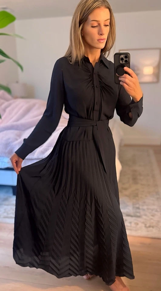 Vestido Camisa MILVA-MI ITALY Largo Completo Azul Marino Plisado Satén Botones Corbata Cintura 42 Foto 1 de 4