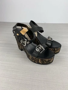 ZARA BASIC Size 7.5 Black Leather Lace Platform Sandal Heel Wedge Buckle - Picture 1 of 6