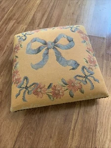French 14.5" Square Foot Stool Tapestry Floral Bow Gold VTG Wooden Leg Woven - Picture 1 of 8