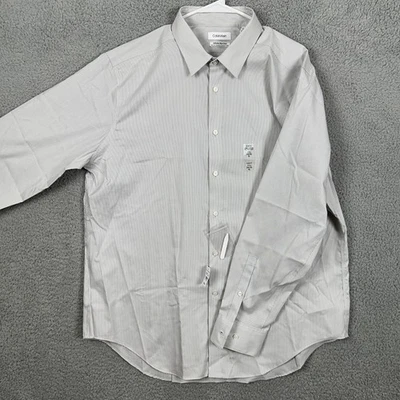 Calvin Klein Shirt Dress Mens XL 17.5 34-35 White Gray Striped Stretch Slim NEW - Image 1 of 4