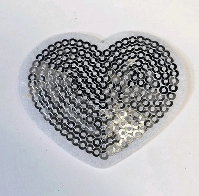 Sequins Patch Silver Heart (White Outline) Embroidered Iron On Patches 2" x 1.75 - Image 1 of 3