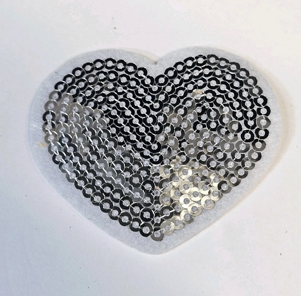 Sequins Patch Silver Heart (White Outline) Embroidered Iron On Patches 2" x 1.75 - Image 1 of 3