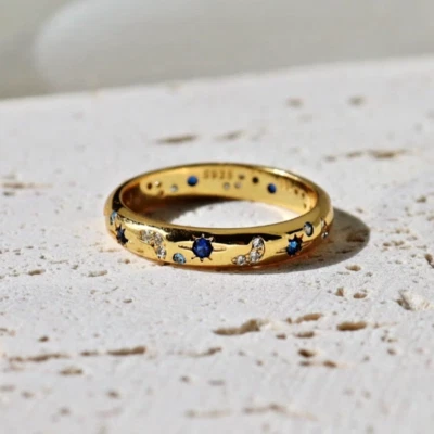 Anillo Celestial Luna y Estrella Chapado en Oro 18K Plata de Ley 925 Foto 1 de 4